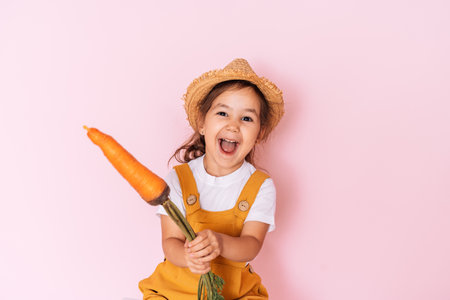 Little girl in orange overalls holding carrot in her hands against pink backgroundの写真素材