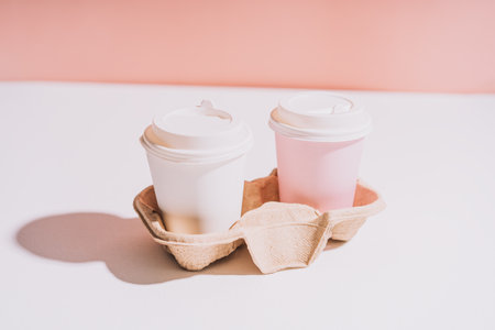 Takeaway coffee in a tray on white table against pink backgroundの写真素材