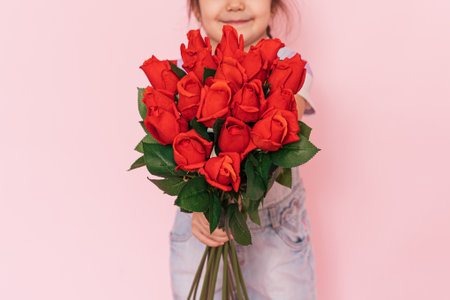 Little girl in overalls holding bouquet of roses against pink background, mothers dayの写真素材