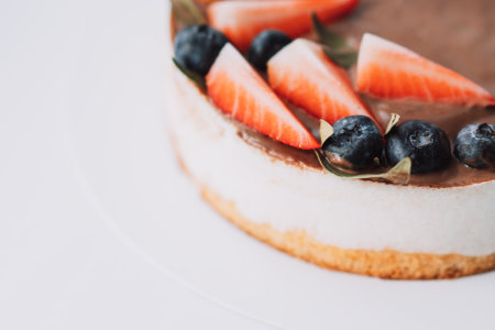 Birds milk cake with chocolate decorated with strawberries and grapes