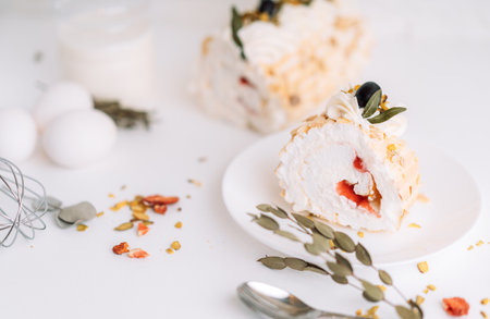 Meringue roll without sugar on white plate cut into pieces in front of eggs and whisk