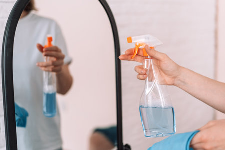 Lady spraying detergent on the mirrorの写真素材