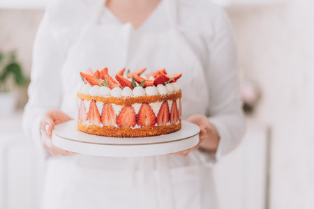 Confectioner in white uniform holding strawberry mousse cakeの写真素材