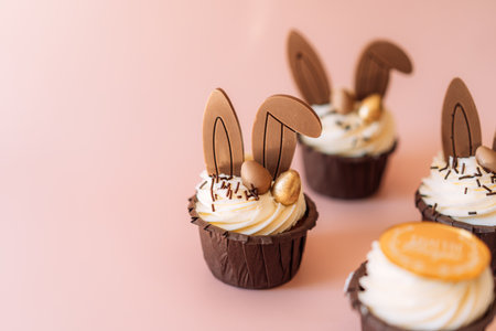 Easter cupcakes with bunny ears on a pink backgroundの写真素材