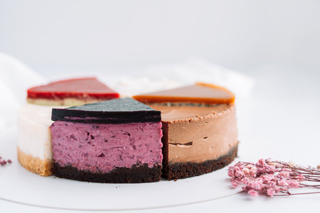 Cake from different pieces of cheesecake with different flavors on white background with dried flowersの写真素材