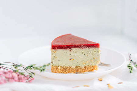 Pistachio cheesecake on plate against white background with dried flowersの写真素材