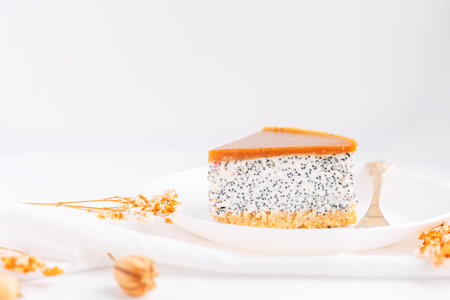Poppy seed cheesecake on plate with a fork against a white background with dried flowersの写真素材