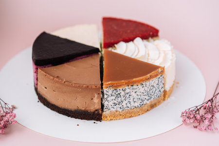 Cake from different pieces of cheesecake with different flavors on pink background with dried flowersの写真素材