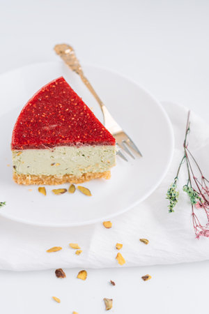Pistachio cheesecake on plate with fork against white background with dried flowersの写真素材