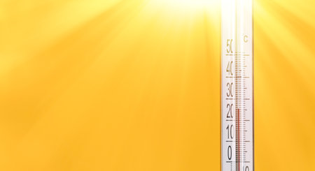 Outdoor thermometer with mark of twenty-five degrees Celsius against yellow background under sunlightの写真素材