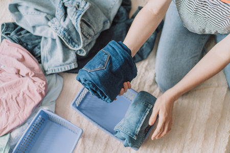 Lady folds jeans into a blue container while sitting on the bedの写真素材