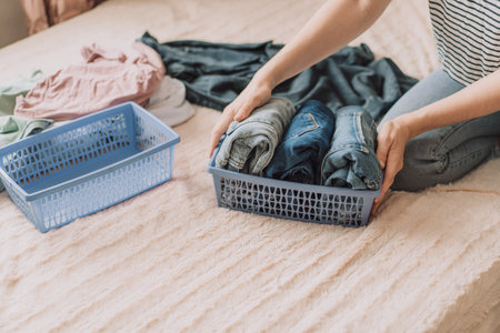 Girl organizes clothes in blue container while sitting on the bedの写真素材