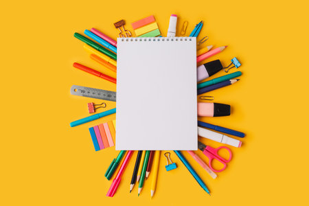 Notepad with blank sheets on school supplies on yellow background