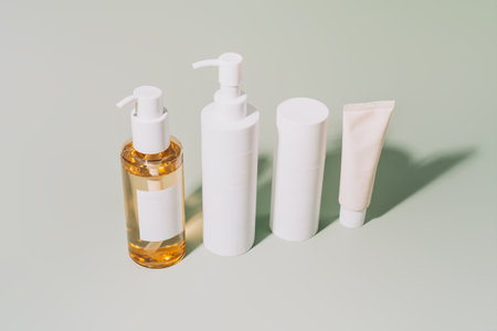 Cosmetics for face and body care on a green background under hard lightの写真素材