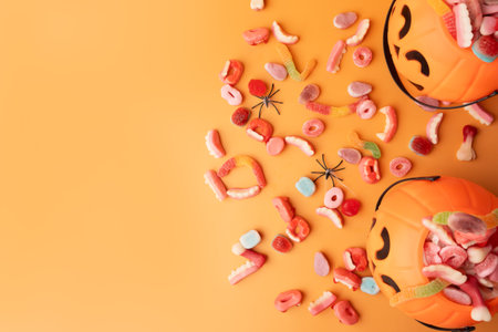 Baskets in the form of pumpkins with sweets and spiders on an orange backgroundの写真素材