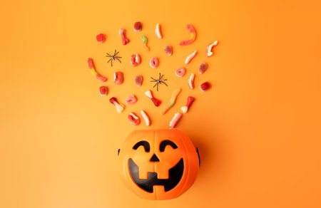 Sweets fell from a basket in the form of a pumpkin on an orange background