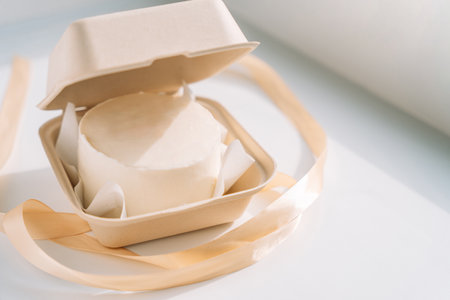 White round cake in gift container with ribbon on white background opposite the windowの写真素材