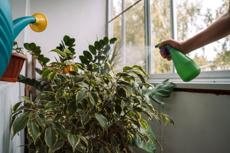 Spraying and caring for indoor plants in a greenhouseの写真素材