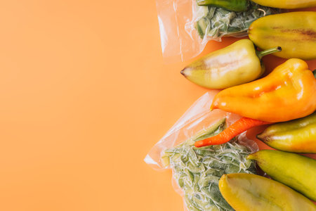 Autumn harvest of ripe peppers on orange backgroundの写真素材