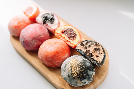 Whole and cut colored mochi on a wooden board on a white backgroundの写真素材