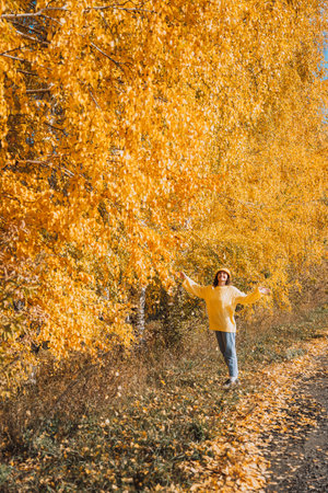 A lady in a yellow knitted sweater and hat stands under yellow birch treesの写真素材
