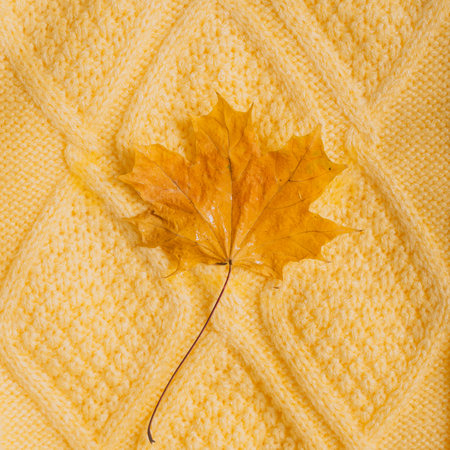 Knitted pattern of a yellow sweater with a maple yellow dry leaf in the middle
