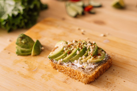 Vegetarian sandwich on a wooden table among fresh vegetables