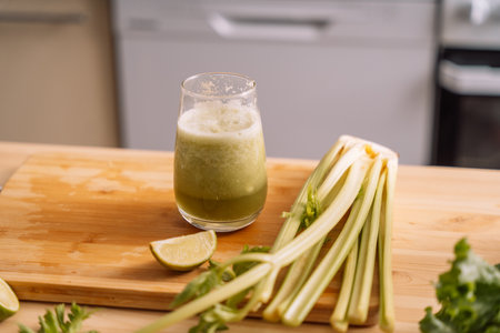 Prepared celery smoothie on a wooden table with fresh vegetables on itの写真素材