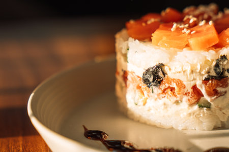 Light snack of red fish on a round plate on a wooden tableの写真素材