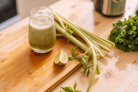 Prepared celery smoothie on a wooden table with fresh vegetables on itの写真素材