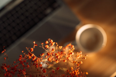 Cup of coffee with laptop on wooden table under morning lightの写真素材