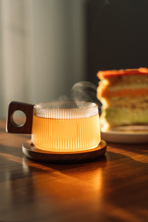 A pistachio piece cut from a cake on a white plate on a wooden table with teaの写真素材