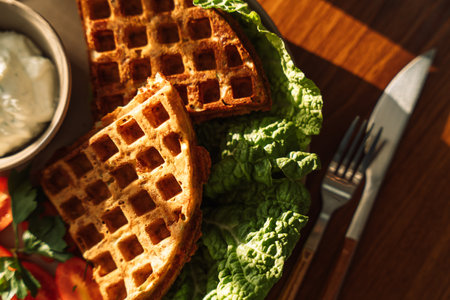 Breakfast with waffles and tea at a wooden table under the sunlightの写真素材