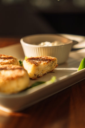 Cheesecakes with sauce on a wooden table under sunlightの写真素材