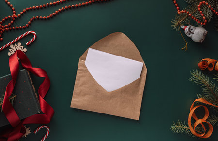 Letter to Santa Claus in a brown envelope on a green background with Christmas tree decorations