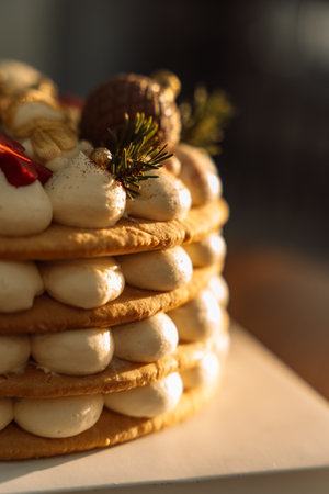 Delicious layered honey cake decorated with chocolate in the shape of Christmas tree decorationsの写真素材