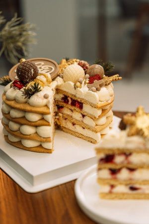 Delicious layered honey cake decorated with chocolate in the shape of Christmas tree decorationsの写真素材