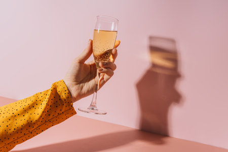 Ladys hand with gold-painted nails holding a glass of champagne against a pink backgroundの写真素材