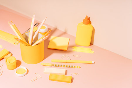 Yellow school stationery on a peach color backgroundの写真素材