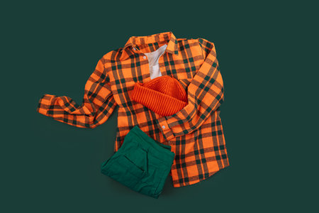 Childrens clothing set with a plaid shirt, an orange hat and green pants on a green backgroundの写真素材