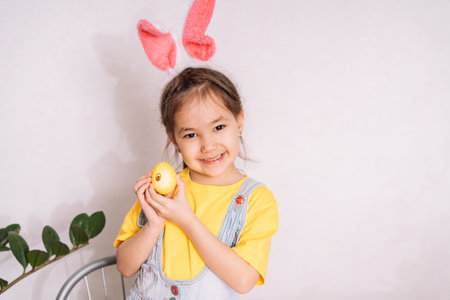 Little girl paints and glues stickers on eggsの写真素材