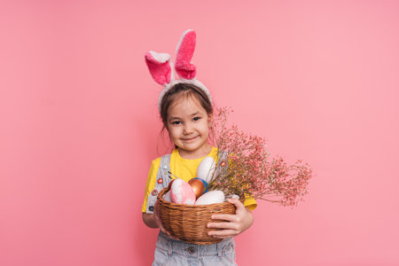 Little girl wearing bunny ears on her head holding a basket of Easter eggs in her hands against a pink backgroundの写真素材
