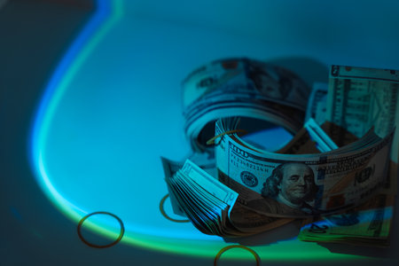 Stacks of hundred dollar bills under hard blue lightの写真素材