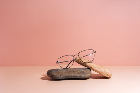 Vision glasses with black frames on stones against a pink backgroundの写真素材