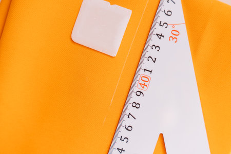 A large ruler and a chalk close-up lie on an orange fabricの写真素材