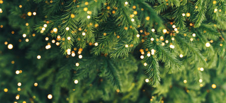 A close-up of a young fir branch with a garland in the summer