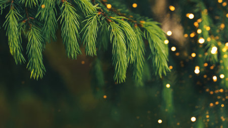 A close-up of a young fir branch with a garland in the summer