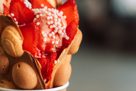 Bubble waffles in a cup with ice cream and strawberriesの写真素材