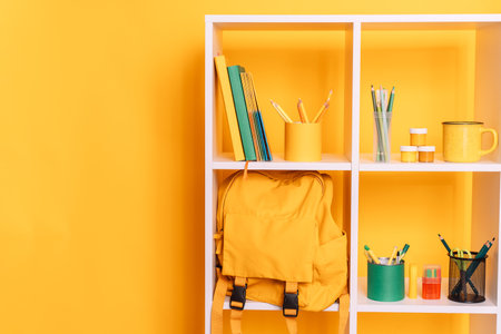 School supplies and a backpack stand on a white shelf against a yellow backgroundの写真素材