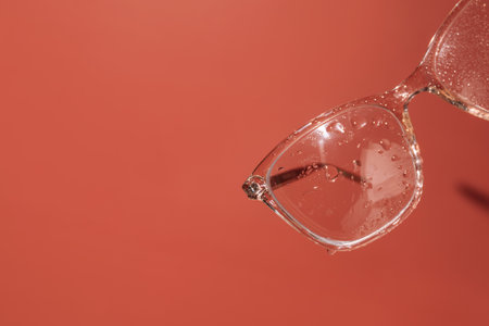 Pink eyeglasses with drops of water on red background. Myopiaの写真素材